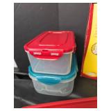 Food Storage Containers with Red Lids and Betty Crocker Cupcake Stand