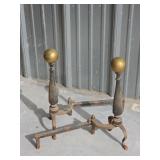 Cast Iron Andirons with Brass Finials