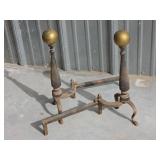 Cast Iron Andirons with Brass Finials