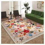 $130 Rugcomf 9x12 Area Rug - Washable Non-Slip Boho Floral Beige