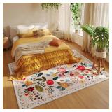 $130 Rugcomf 9x12 Area Rug - Washable Non-Slip Boho Floral Beige