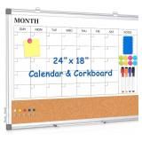 Monthly Calendar Whiteboard & Cork Board, 24x18, Double-Sided