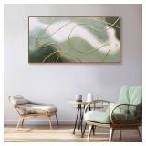 $110 Framed Abstract Wall Art Green White Gold Lines Boho Canvas 24x48