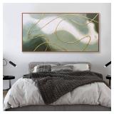 $110 Framed Abstract Wall Art Green White Gold Lines Boho Canvas 24x48