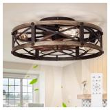 $100 19" Farmhouse Flush Mount Ceiling Fan Light with Remote, 6 Speeds