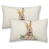 Easter Pillow Covers 12x20 Set of 2 - Bunny Floral Linen Cushions