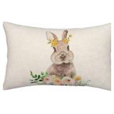 Easter Pillow Covers 12x20 Set of 2 - Bunny Floral Linen Cushions