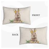 Easter Pillow Covers 12x20 Set of 2 - Bunny Floral Linen Cushions