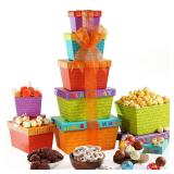 Broadway Basketeers Birthday Gift Basket Tower Snack Boxes with Gourmet Cookies, Chocolates & Popcorn
