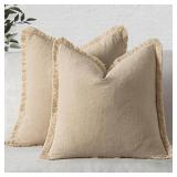 MIULEE Decorative Throw Pillow Covers Neutral Linen Fringe Throw Pillows Set of 2 Beige Boho Farmhouse Cushion Covers with Tassels for Couch Sofa Bed Living Room Spring Home Decor 20x20 Inch