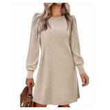 Zeagoo Tunic Dresses for Women 2025 Knit Sweater Dress Puff Long Sleeve Fall Dress Soft Warm Dress Casual, Khaki M