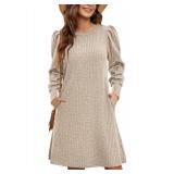 Zeagoo Tunic Dresses for Women 2025 Knit Sweater Dress Puff Long Sleeve Fall Dress Soft Warm Dress Casual, Khaki M