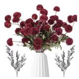 Burgundy Pompon Mum Artificial Flowers with Eucalyptus 10 Bundles Fake Silk Flowers for Vase , 21 Long Stems for Christmas Table Centerpieces, Winter Floral Arrangements & Rustic Home Decor