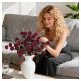 Burgundy Pompon Mum Artificial Flowers with Eucalyptus 10 Bundles Fake Silk Flowers for Vase , 21 Long Stems for Christmas Table Centerpieces, Winter Floral Arrangements & Rustic Home Decor