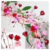 6 Ft Valentines Garland Valentines Day Decorations, Valentines Day Garland with Timer 20 Red & Pink Lights Roses Red Pink White Berried Green Leafed Lighted Valentine Garlands for Home Table Wedding
