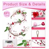 6 Ft Valentines Garland Valentines Day Decorations, Valentines Day Garland with Timer 20 Red & Pink Lights Roses Red Pink White Berried Green Leafed Lighted Valentine Garlands for Home Table Wedding