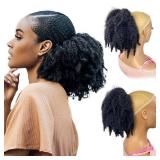 VAVANGA Short Marley Hair Drawstring Ponytail Black 4C Afro Puff Bun Braiding Ponytail Hair with Clips Synthetic Afro Kinky Curl Pony Tail Hairpiece for Black Women - Natural Black 12