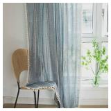Sutuo Home Blue Boho Curtains 120 inches Long for Bedroom Living Room Nursery Room, Semi Blackout Linen Farmhouse Tassels Window Treatment Bohemian Embroidery Drape, Rod Pocket 1 Panel 52 W x 120 L