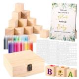 Draupnir  Fun Baby Shower Games Sign Kit Babies Coloring Blocks for Baby Shower, Wooden DIY Blank Blocks Freehand Painting with  Paint Markers