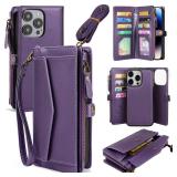 DKDKSIP Wallet Case Compatible with iPhone 16 Pro Max 6.9, Support Wireless Charging with RFID Blocking Card Holder, PU Leather Wallet Detachable Magnetic Phone Case Crossbody Strap, Purple