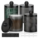 4 Pack Acrylic Qtip Holder Dispenser for Cotton Swabs, Balls, Pads, Floss Picks- Clear Plastic Canister Apothecary Jar Set, Bathroom Essentials Accessories Decor Vanity Makeup Storage Organizer -Black