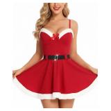 Santa Dress for Women Christmas Costume with Fur Trim, Deep V-Neck, Adjustable Straps, Belt, Santa Outfits for Holiday Party