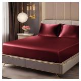 BEDELITE Satin Fitted Sheet and Pillowcases Set, Luxury Soft Similar to Silk Bottom Bedsheet with Elastic Corner Straps, Deep Pocket up to 15 Inch, 1 Fitted Sheet and 2 Pillowcases(Queen, Burgundy)