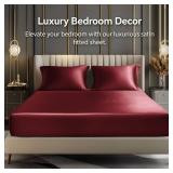 BEDELITE Satin Fitted Sheet and Pillowcases Set, Luxury Soft Similar to Silk Bottom Bedsheet with Elastic Corner Straps, Deep Pocket up to 15 Inch, 1 Fitted Sheet and 2 Pillowcases(Queen, Burgundy)