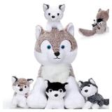 Miguelina 5PCS Wolf Plush Toys - 13.4 Inch Wolf Mom with Little Mini Babies Stuffed Animal Plush Huggable Cuddly Fluffly Wolf Plushie Family Set Easter Gifts