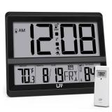 LFF Atomic Clock Large Display, Digital Wall Clock with Indoor Outdoor Temperature and Date, Wireless Outdoor Sensor, Digital Desk Alarm Clock Battery Operated for Bedroom, Easy to Read, Black