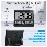 LFF Atomic Clock Large Display, Digital Wall Clock with Indoor Outdoor Temperature and Date, Wireless Outdoor Sensor, Digital Desk Alarm Clock Battery Operated for Bedroom, Easy to Read, Black