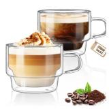 glastal 12 oz Latte Macchiato Glasses, Double-Walled Coffee Glasses, Set of 2, Glass Stackable Coffee Cups, Tea Glasses with Handle for Cappuccino, Tea, Milk, Gifts for Women Friends New Home Gift