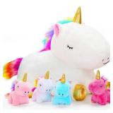 KMUYSL Toys for Girls Ages 0 1 2 3 4 5 6 7 8+ Years - Unicorn Mommy Stuffed Animal with 4 Baby Unicorns in Her Tummy, Soft Unicorn Plush Toys Set, Christmas Birthday Gifts for Baby, Toddler, Kids