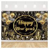 MEHOFOND Happy New Year Backdrop Black and Gold Fireworks New Years Eve Photography Background for NYE Decorations New Years Eve Party Supplies NYE Party Favor 6x3.6ft