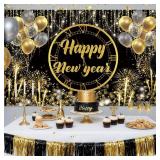 MEHOFOND Happy New Year Backdrop Black and Gold Fireworks New Years Eve Photography Background for NYE Decorations New Years Eve Party Supplies NYE Party Favor 6x3.6ft