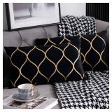 DEZENE 12x20 Inch Gold Velvet Throw Pillow Covers: 2 Pack Rectangular Decorative Pillow Cases for Bedroom Sofa Couch Living Room, Black