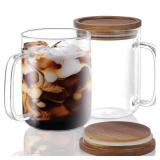 DRASTAR Glass Coffee Mugs, 20 oz Clear Coffee Cups, Coffee Mug with Acacia Wood Lid, Tea Glass Cups with Handles, Large Coffee Mug Set of 2, Glass Coffee Cups for Latte, Espresso, Tea