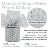 HUIHUANG Silver Glitter Ribbon for Christmas Tree 4 inch Wide Diamond Mesh Wired Christmas Ribbon for Tree Decorations, Gift Wrapping, Bows, Wreath Supplies, Garlands- Continuous 10 Yards