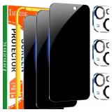 IMBZBK 3 Pack Privacy Screen Protector for iPhone 15 Tempered Glass with 3 Camera Lens Protector, Accessories 9H Anti Spy, 2.5D Curved, Case Friendly, Transparent