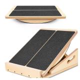 2-in-1 Professional Wooden Balance Board & Slant Board, Four Adjustable Incline Board and Calf Stretcher, Stretch Board for Knees Ankle Heel Feet Leg