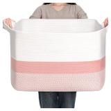 CLHMILY&Z Stylish Square Cotton Rope Storage Basket (Pink & White, 110L)