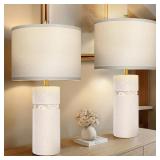 KIVDITZO 24 Ivory Modern Ceramic Bedside Table Lamps Set of 2, Boho Tables Lamps for Living Room with 3-Way Dimmable Bulb, Rustic Nightstand Lamp with Linen Shade for Bedroom Office (Bulbs Included) M