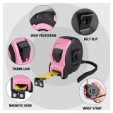 WORKPRO 25FT Pink Tape Measure, 1/8 Fractions Easy Read Measuring Tape, Retractable Nylon Coating Measurement Tape Accuracy 1/32, Magnetic Hook, Belt Clip, Rubber Protective Casing - Pink Ribbon - Ret