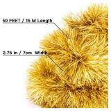 Jishi 50 FT Christmas Garland Gold Tinsel Garland Christmas Tree Decorations - Non-Lit Xmas Holiday Decor Outdoor Indoor Home Garden Outside Wedding Party Artificial Thick Gold Decorative Garland