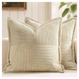 MIULEE Decorative Throw Pillow Covers for Couch Bed Livingroom 20x20 Inch Set of 2 Cream Boho Accent Throw Pllows Broadside Striped Patchwork Soft Corduroy Pillowcases - Retail: $23