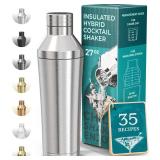 BARE BARREL Insulated Cocktail Shaker Set | Double Wall Stainless Steel | Martini Shaker for Home Bar Bartending | Built-in Drink Measure System & Strainer, Travel Bag, Recipes | Gift Set (Silver) - R