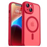 CANSHN Magnetic for iPhone 14 Case, Upgraded [Full Camera Protection] [Compatible with Magsafe] [Translucent Matte] Shockproof Protective Phone Case for iPhone 14 6.1\" - Red - Retail: $16