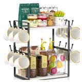 EsLuker.ly 2 Tier Coffee Mug Holder Station Bar Organizer Countertop, Mug Cup Tree Rack for Kitchen Office, Storage Shelf with 12 Hooks, Creat Stylish Coffee Corner, White-Black - Retail: $30