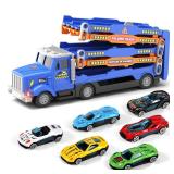 HONGTUO Toddler Truck Track Set with Lights & Sounds â 55-Inch Racing Track with 6 Die-Cast Cars, Perfect Birthday for 3 4 5 6 7 Years Old Boys and Girls - Retail: $24