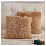 LIFEREVO 2 Pack Fluffy Faux Fur Pillow Shams,18 x 18 Inches Throw Pillow Covers,Luxury Decorative Furry Pillowcases Cushion Cover for Christmas,Zipper Closure,No Pillow Insert, Camel - Retail: $16